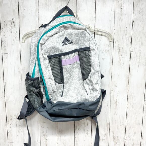 Adidas Backpack Unisex Gray Turquoise Purple Zip Mesh Pockets Travel School Work - Picture 1 of 4